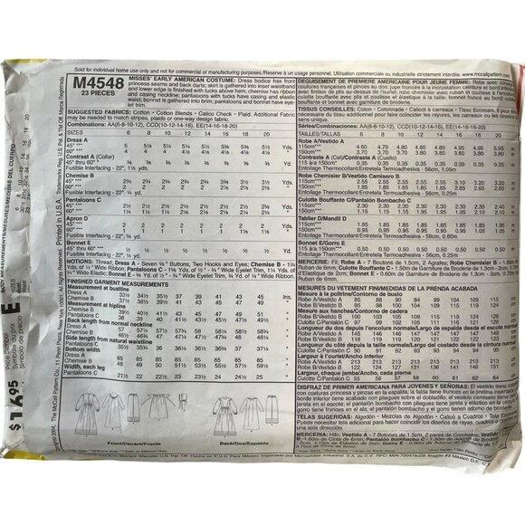 McCALL'S M4548 Early American Costume Dress Size 6-12 Pattern FF UNCUT - Picture 2 of 2